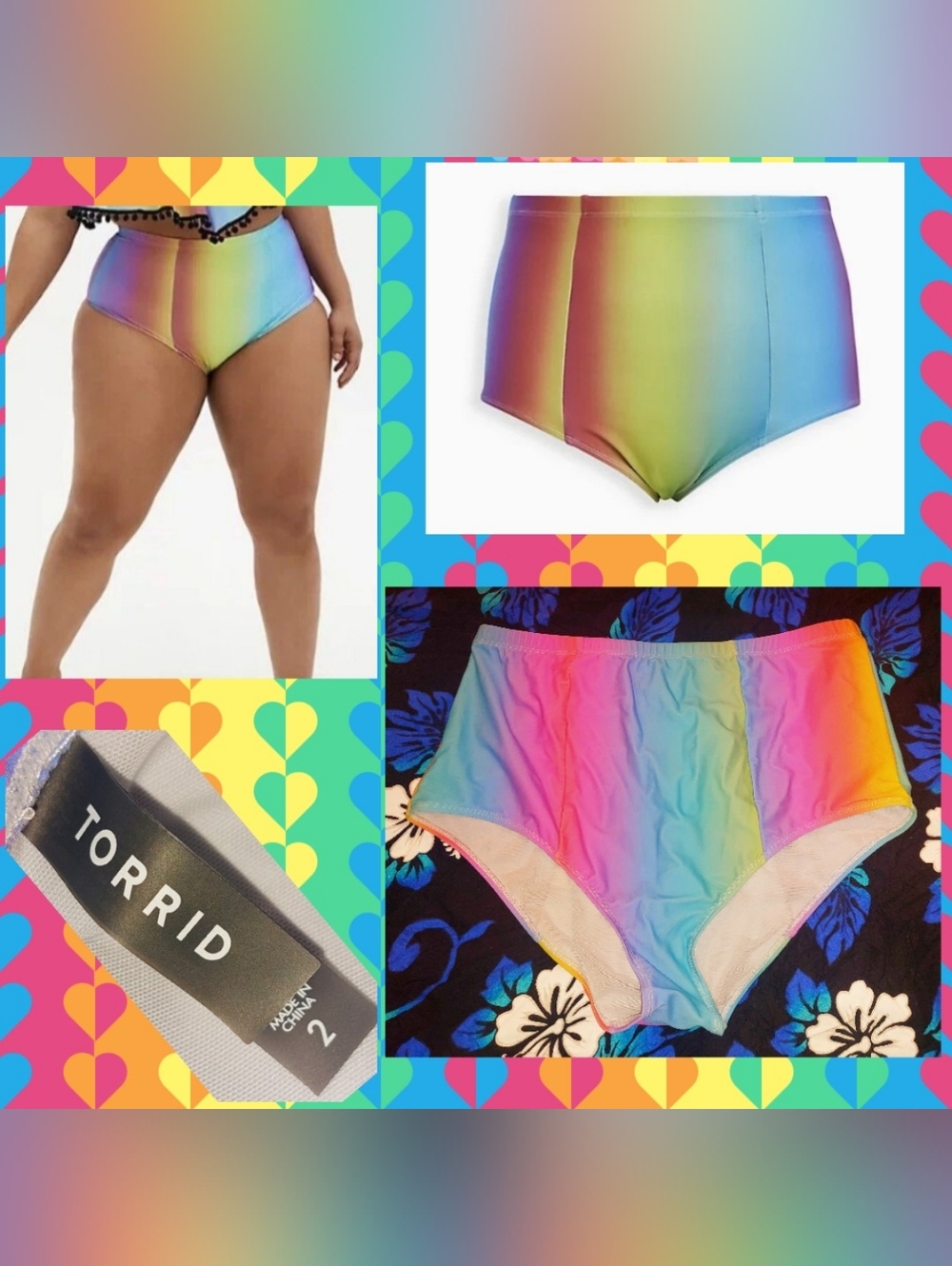 Torrid brand Rainbow Ombre Stripe High-Rise Swim Bottom Sz 2|2X|18/20